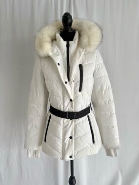 NWT Michael Kors White Down Puffer Coat Faux Fur Hood Belted Size M